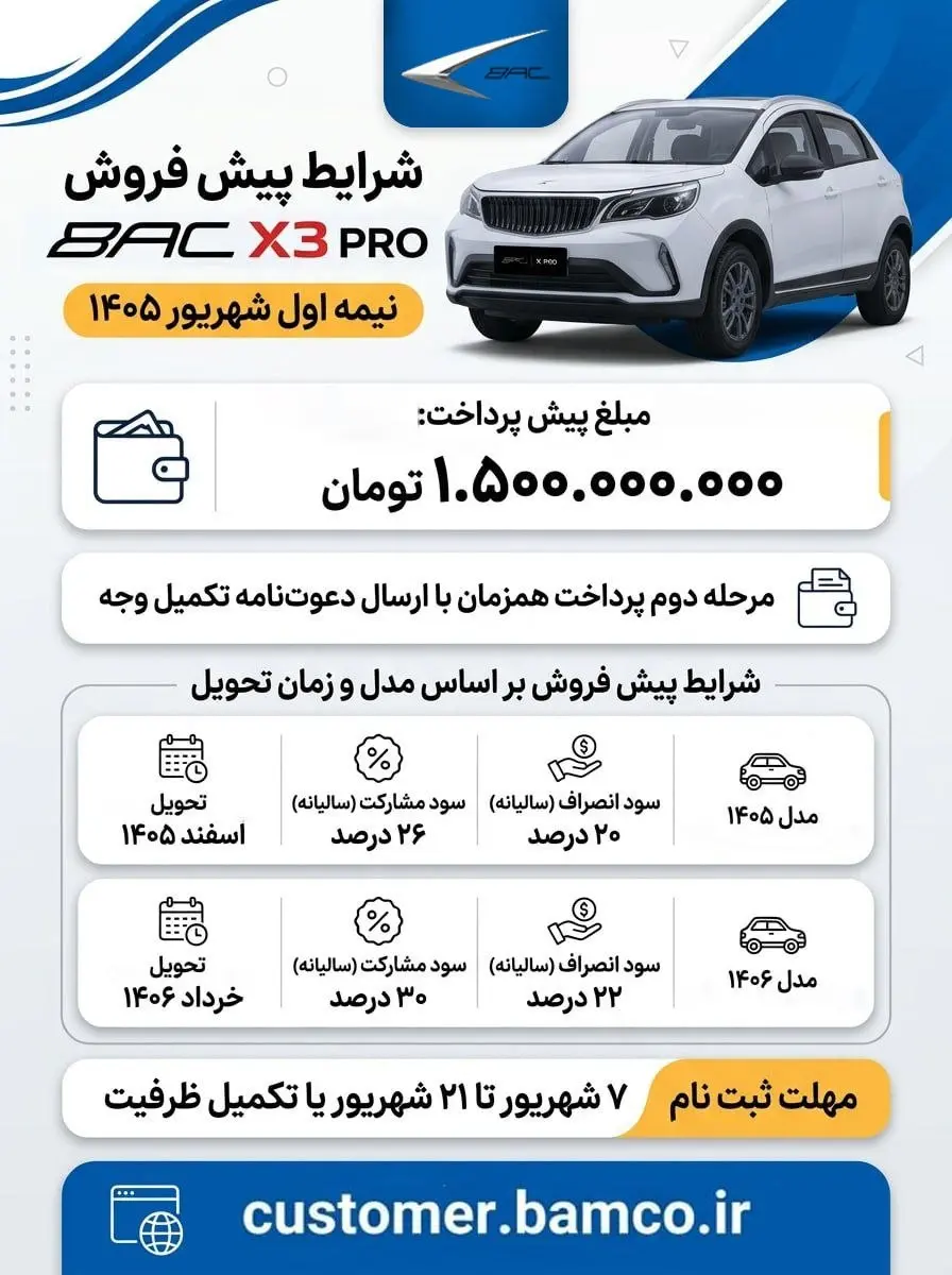 شرایط پیش فروش BAC X3 PRO برای نیمه نخست شهریور ۱۴۰۵- کاماپرس